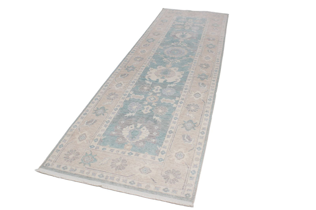 3x11 Green and Beige Turkish Traditional Runner