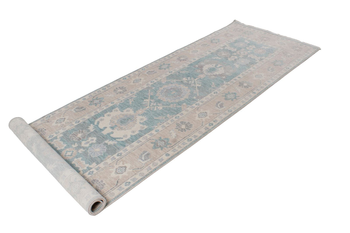 3x11 Green and Beige Turkish Traditional Runner
