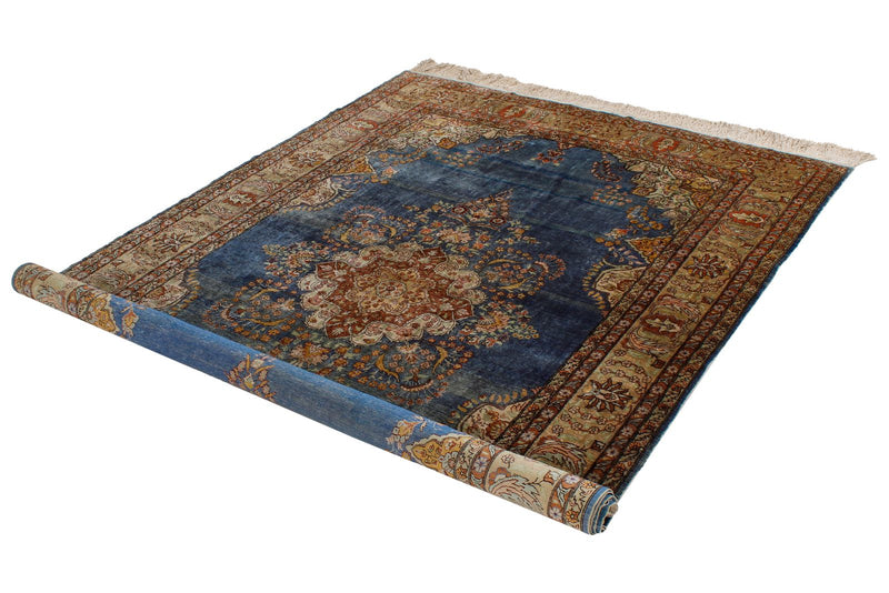Vintage Handmade 5x8 Blue and Ivory Persian Tabriz Distressed Area Rug