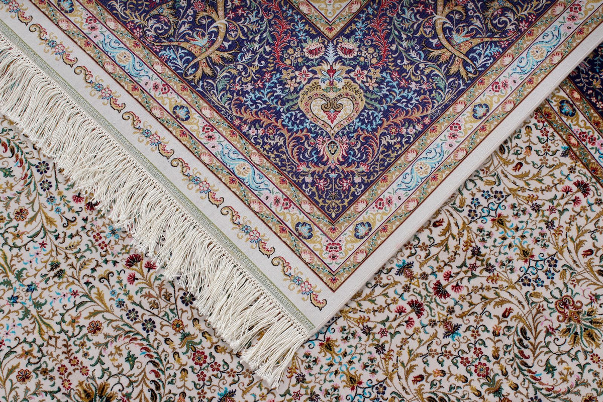 7x10 Ivory and Navy Turkish Antep Rug