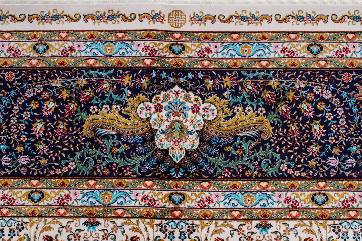 7x10 Ivory and Navy Turkish Antep Rug