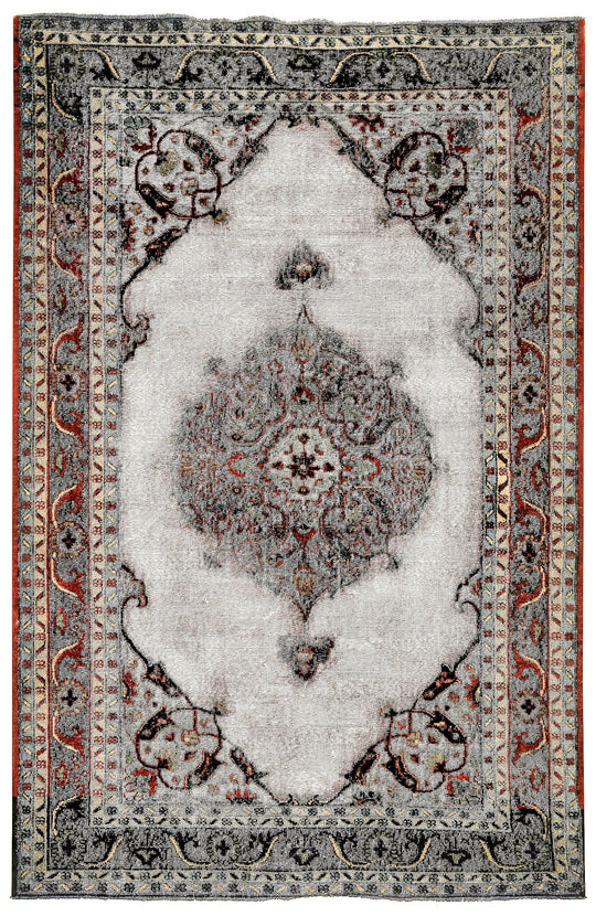 7x11 Ivory and Gray Turkish Tribal Rug