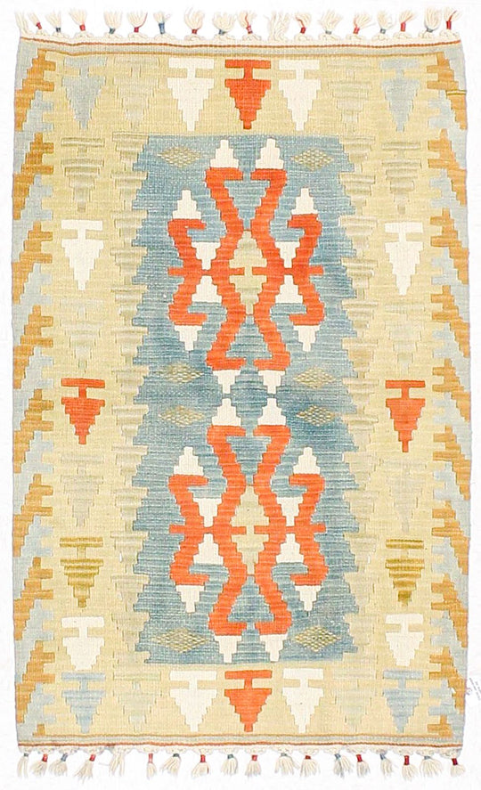 3x4 Blue and Red Turkish Tribal Rug