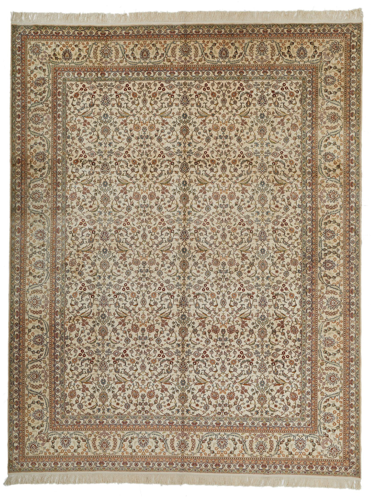 9x12 Ivory and Green Turkish Silk Rug