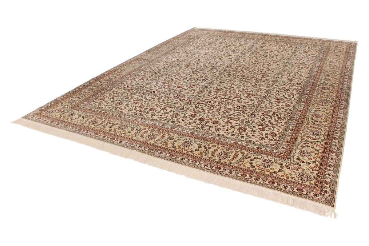 9x12 Ivory and Green Turkish Silk Rug