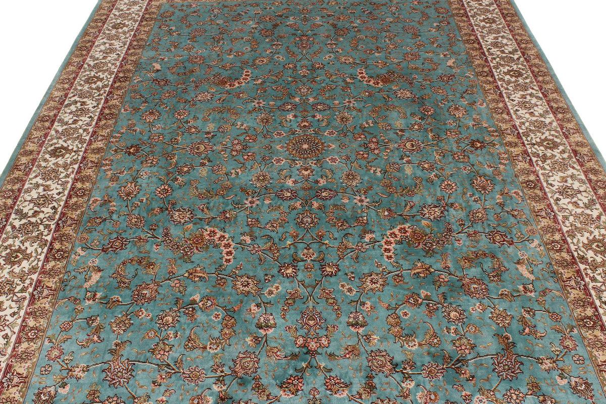 7x10 Blue and Ivory Turkish Silk Rug