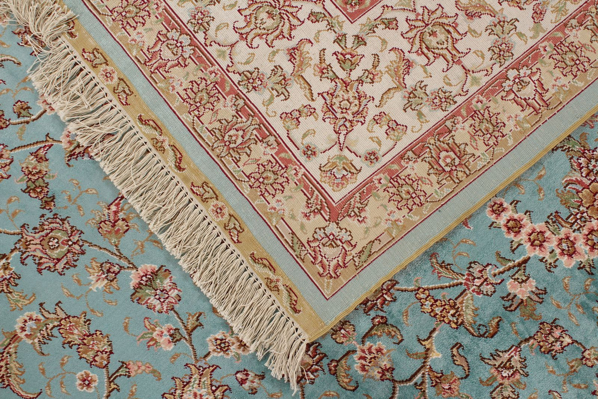 7x10 Blue and Ivory Turkish Silk Rug