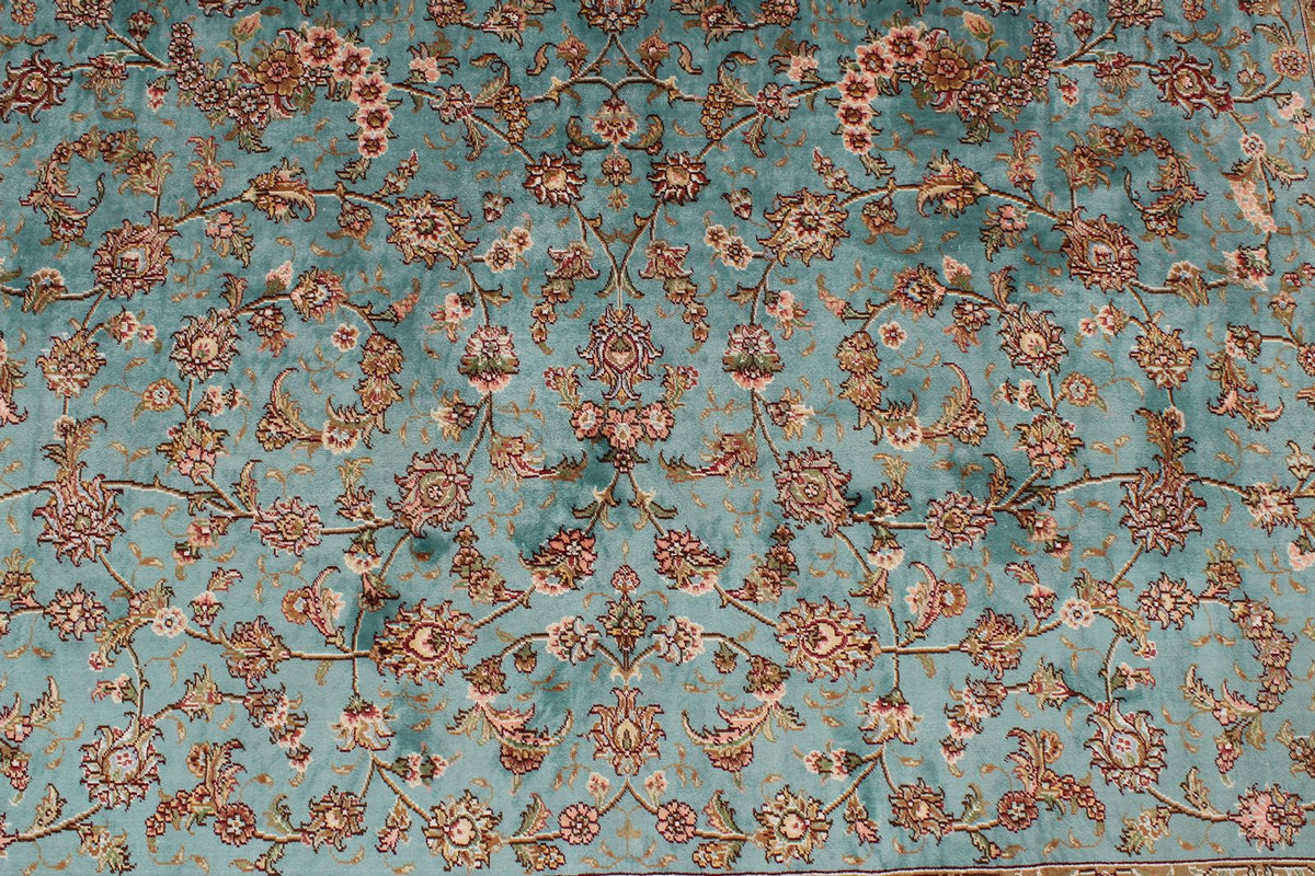 7x10 Blue and Ivory Turkish Silk Rug