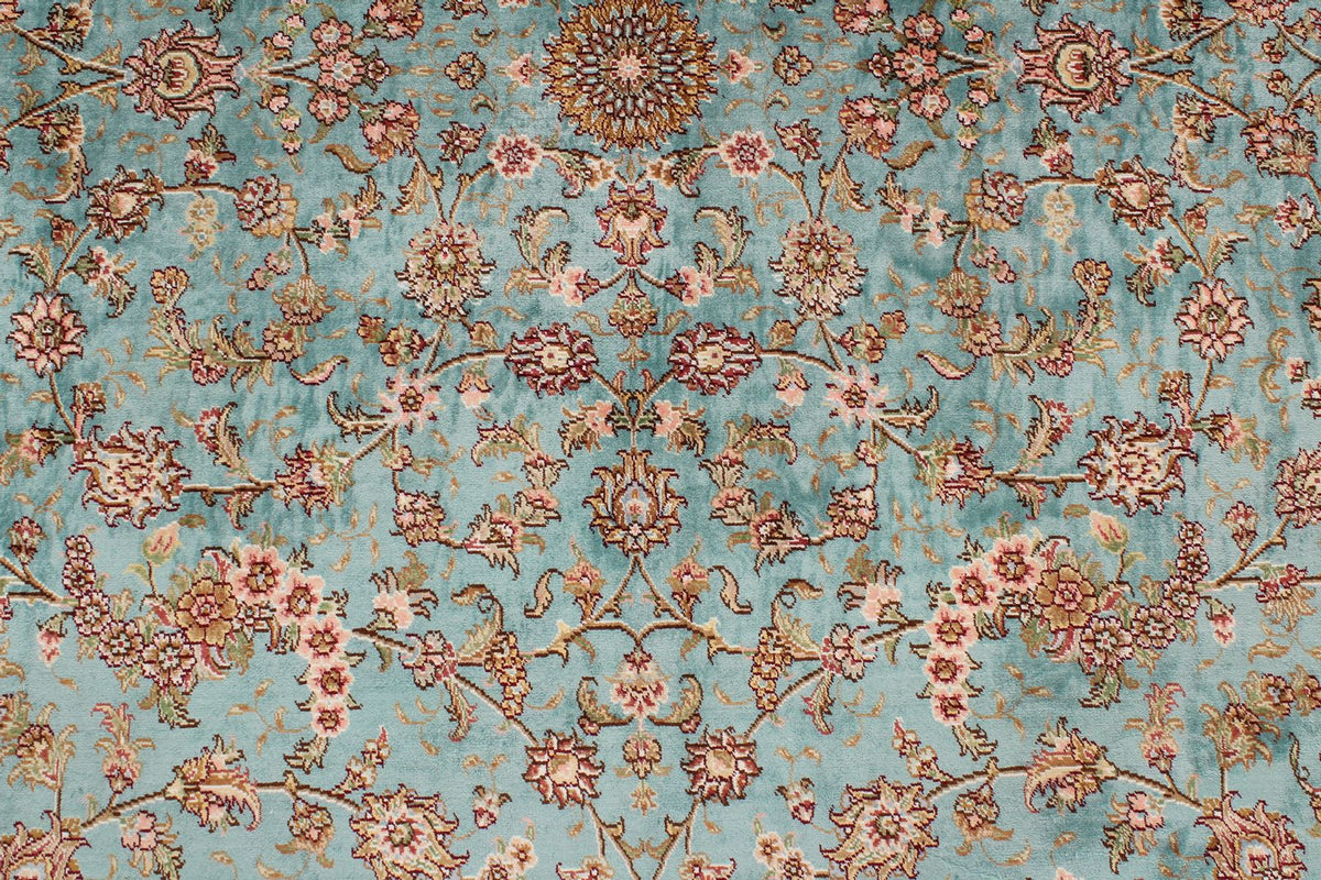 7x10 Blue and Ivory Turkish Silk Rug
