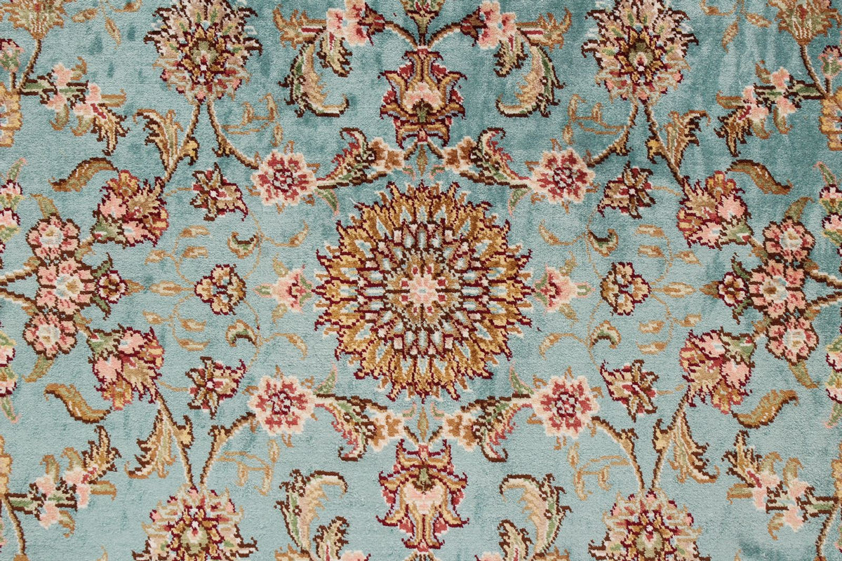7x10 Blue and Ivory Turkish Silk Rug