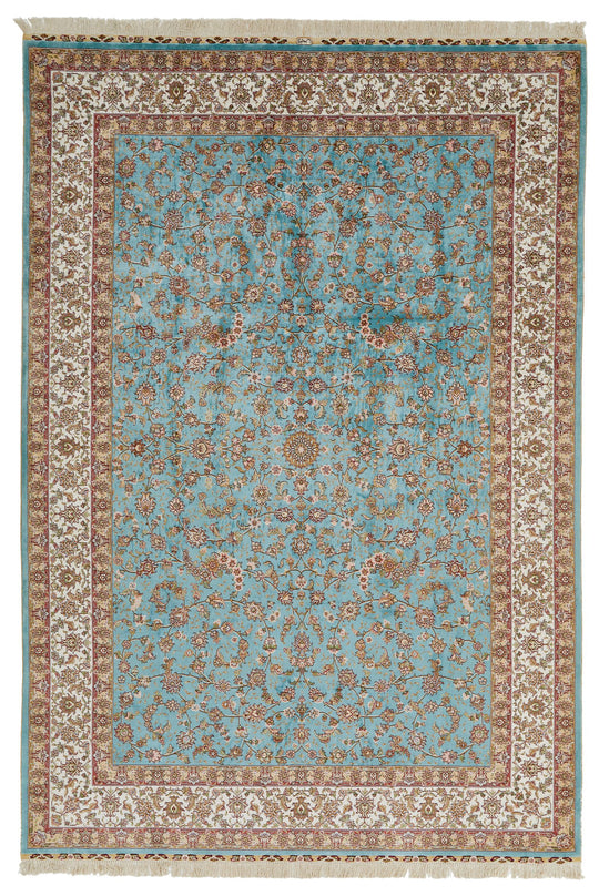 7x10 Blue and Ivory Turkish Silk Rug