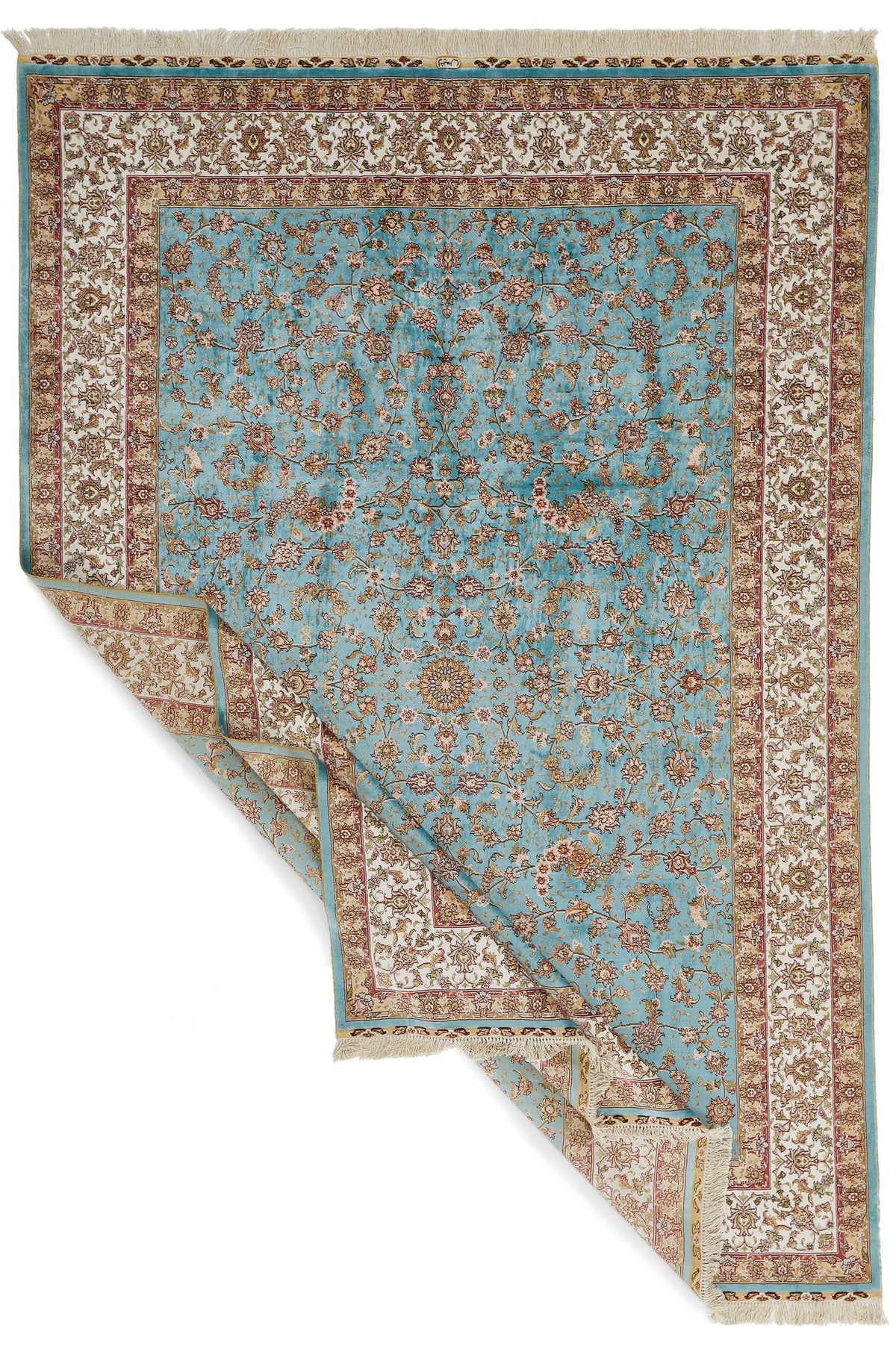 7x10 Blue and Ivory Turkish Silk Rug