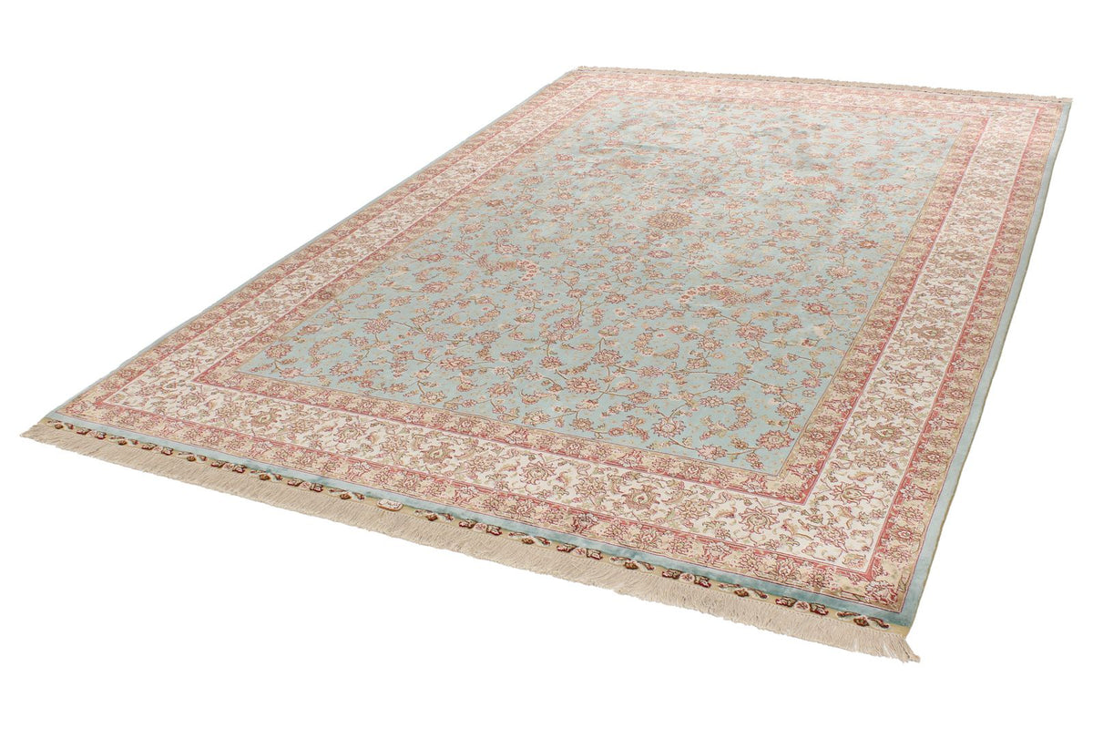 7x10 Blue and Ivory Turkish Silk Rug