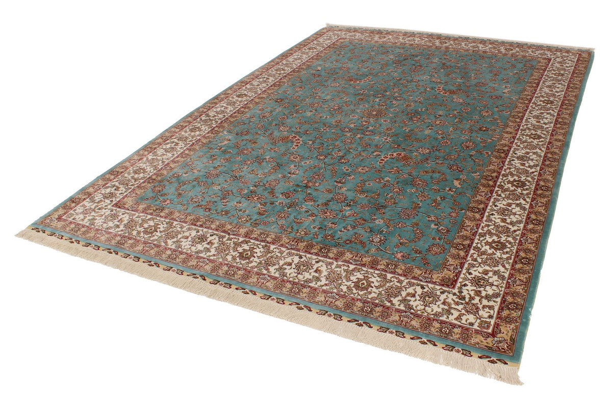 7x10 Blue and Ivory Turkish Silk Rug