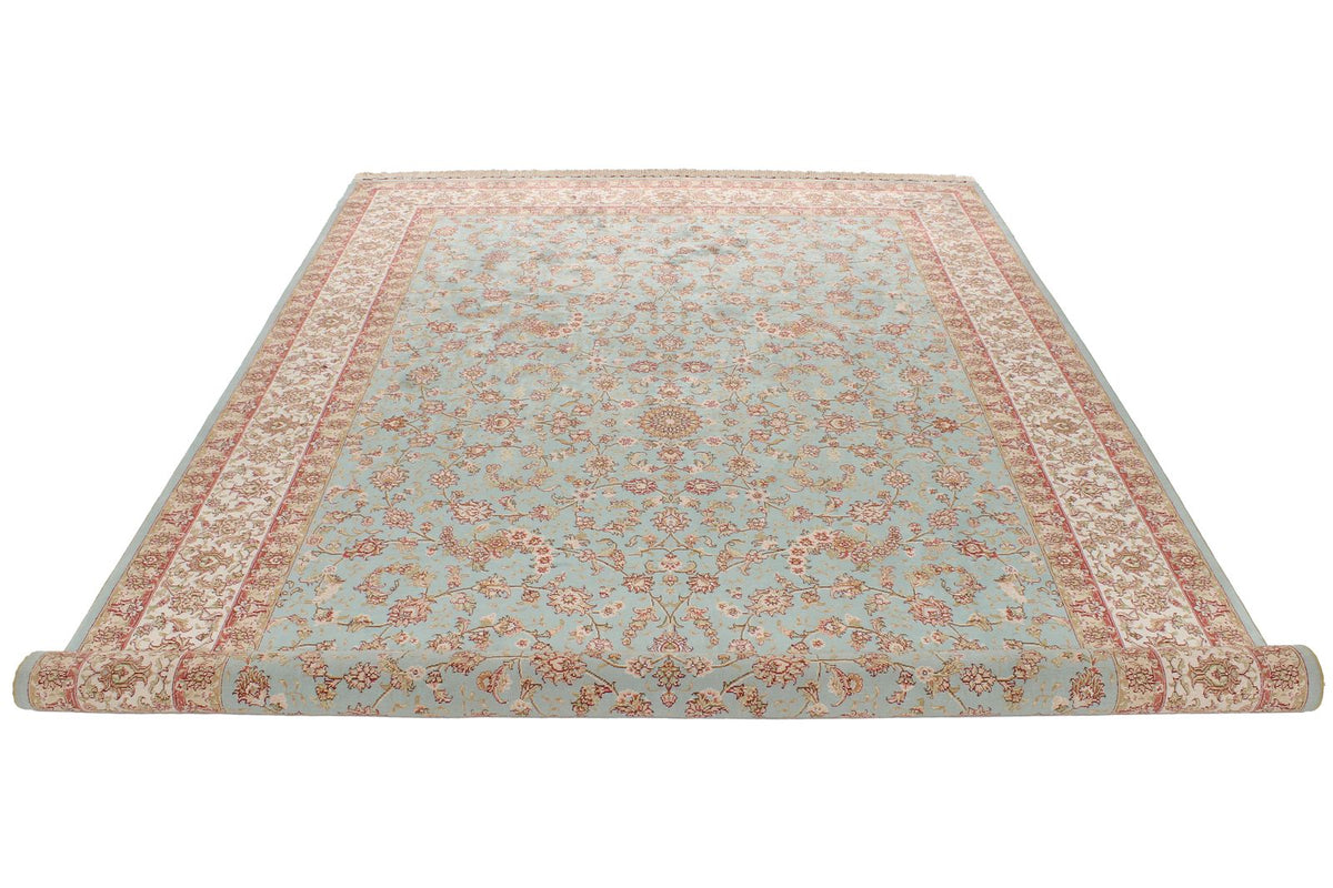 7x10 Blue and Ivory Turkish Silk Rug