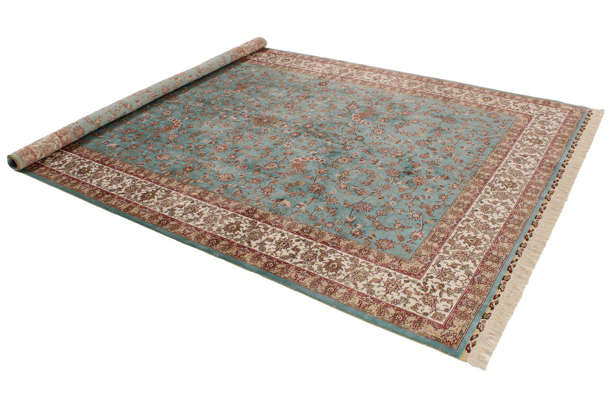 7x10 Blue and Ivory Turkish Silk Rug