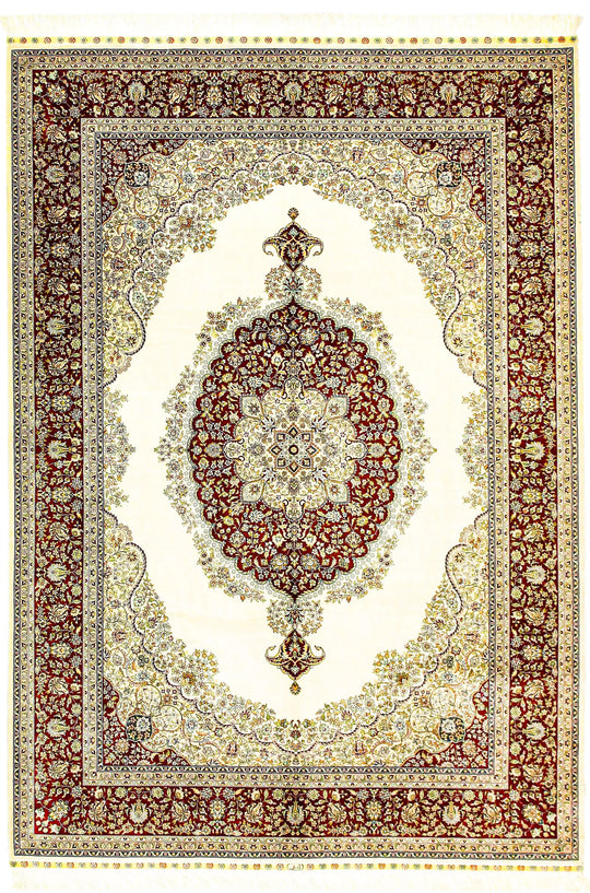6x8 Ivory and Red Turkish Silk Rug