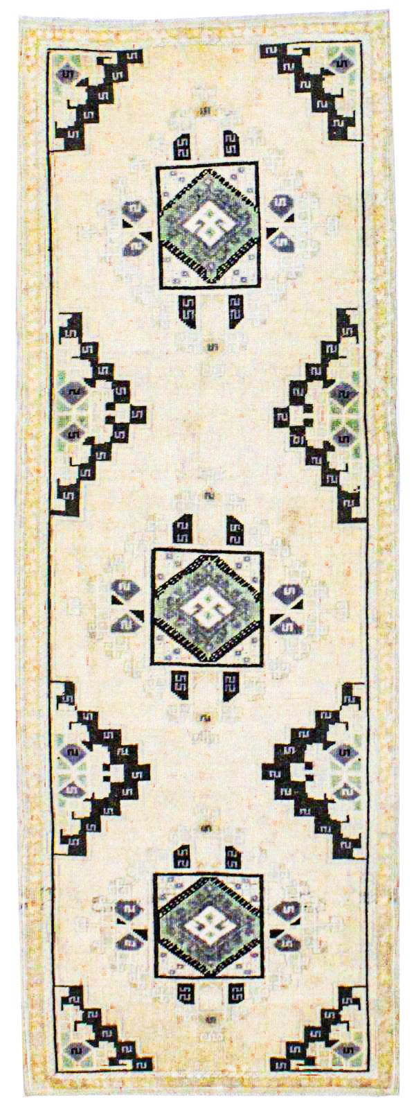 3x8 Ivory and Green Turkish Tribal Runner