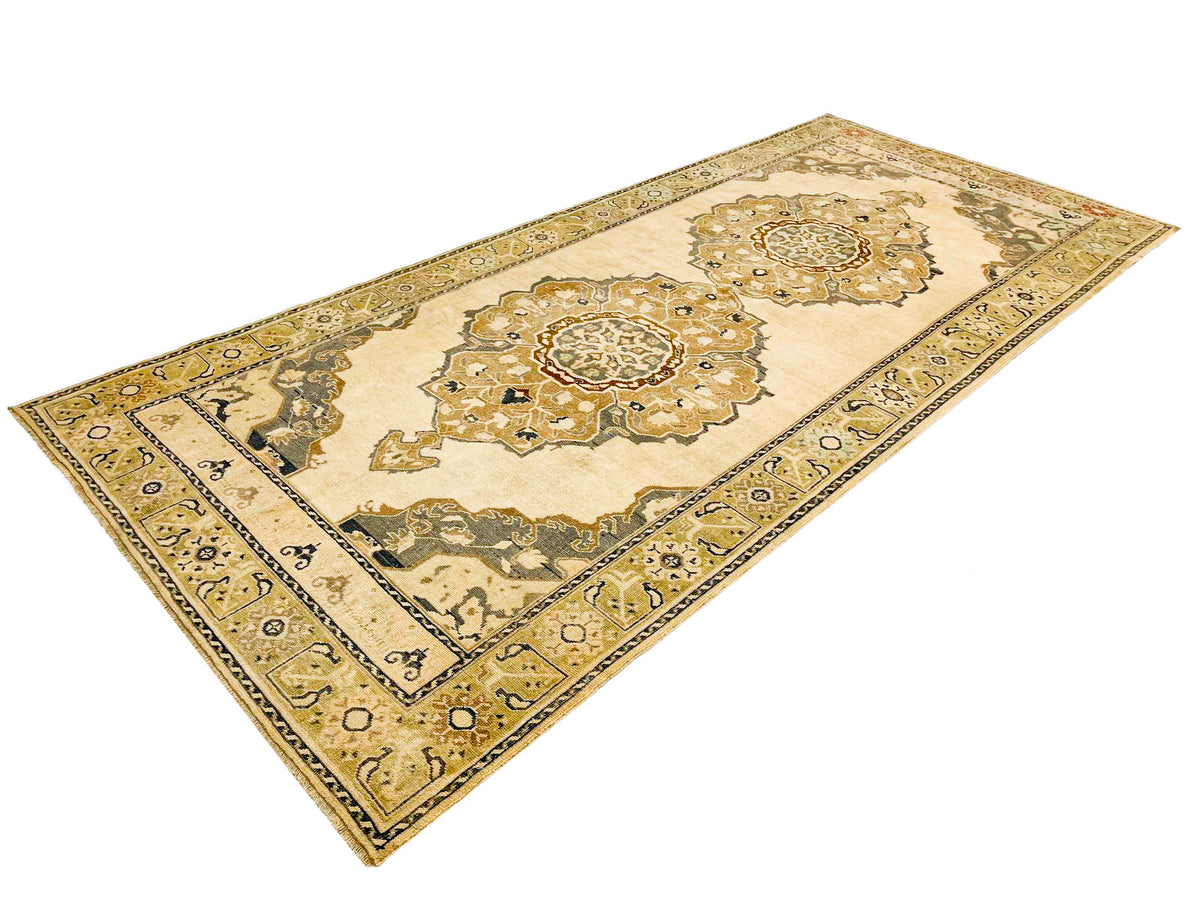 5x11 Ivory and Green Turkish Tribal Runner