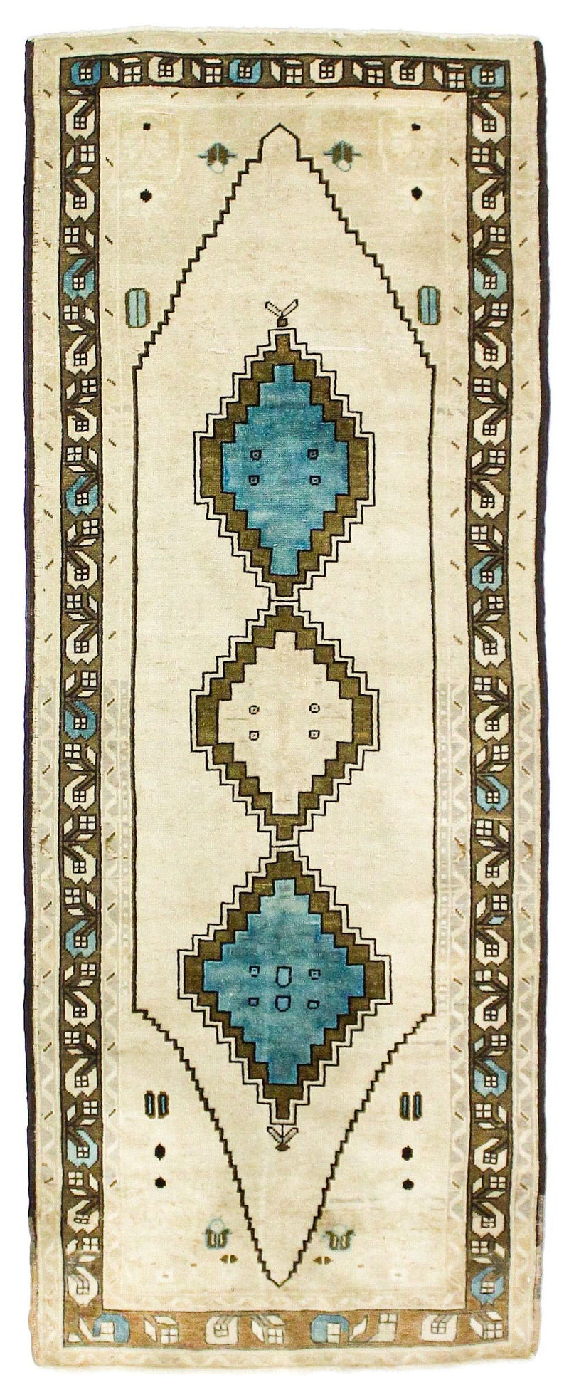 3x9 Ivory and Brown Turkish Tribal Runner