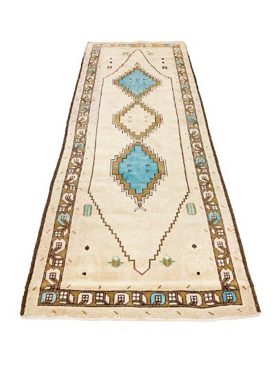 3x9 Ivory and Brown Turkish Tribal Runner
