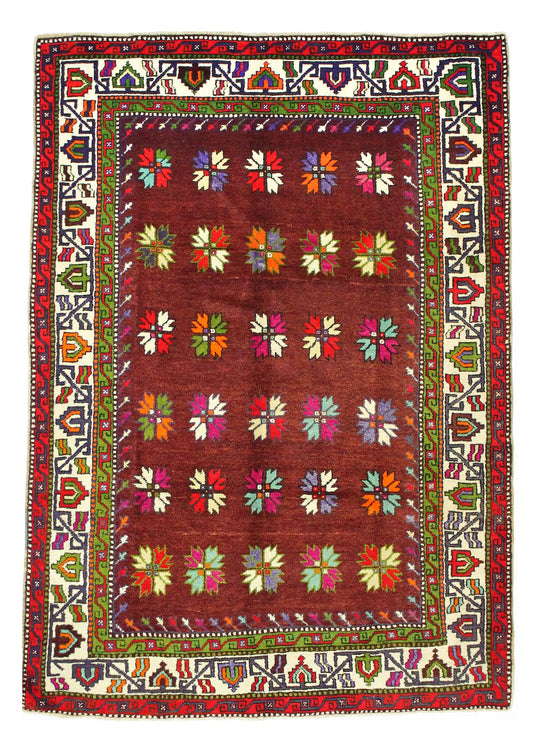 6x9 Burgundy and Ivory Turkish Tribal Rug