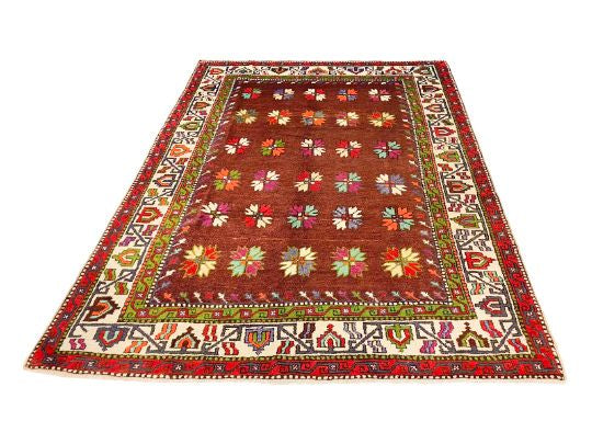 6x9 Burgundy and Ivory Turkish Tribal Rug