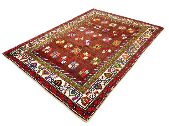 6x9 Burgundy and Ivory Turkish Tribal Rug
