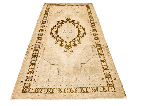 5x9 Ivory and Brown Turkish Tribal Rug