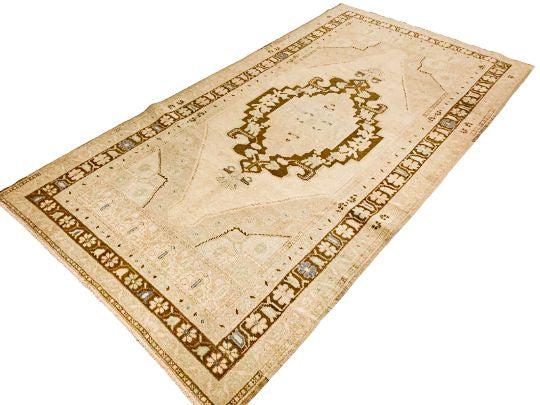 5x9 Ivory and Brown Turkish Tribal Rug