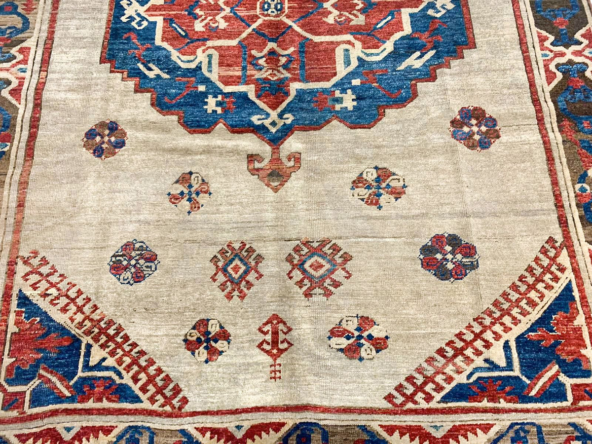 6x8 Ivory and Navy Kazak Tribal Rug