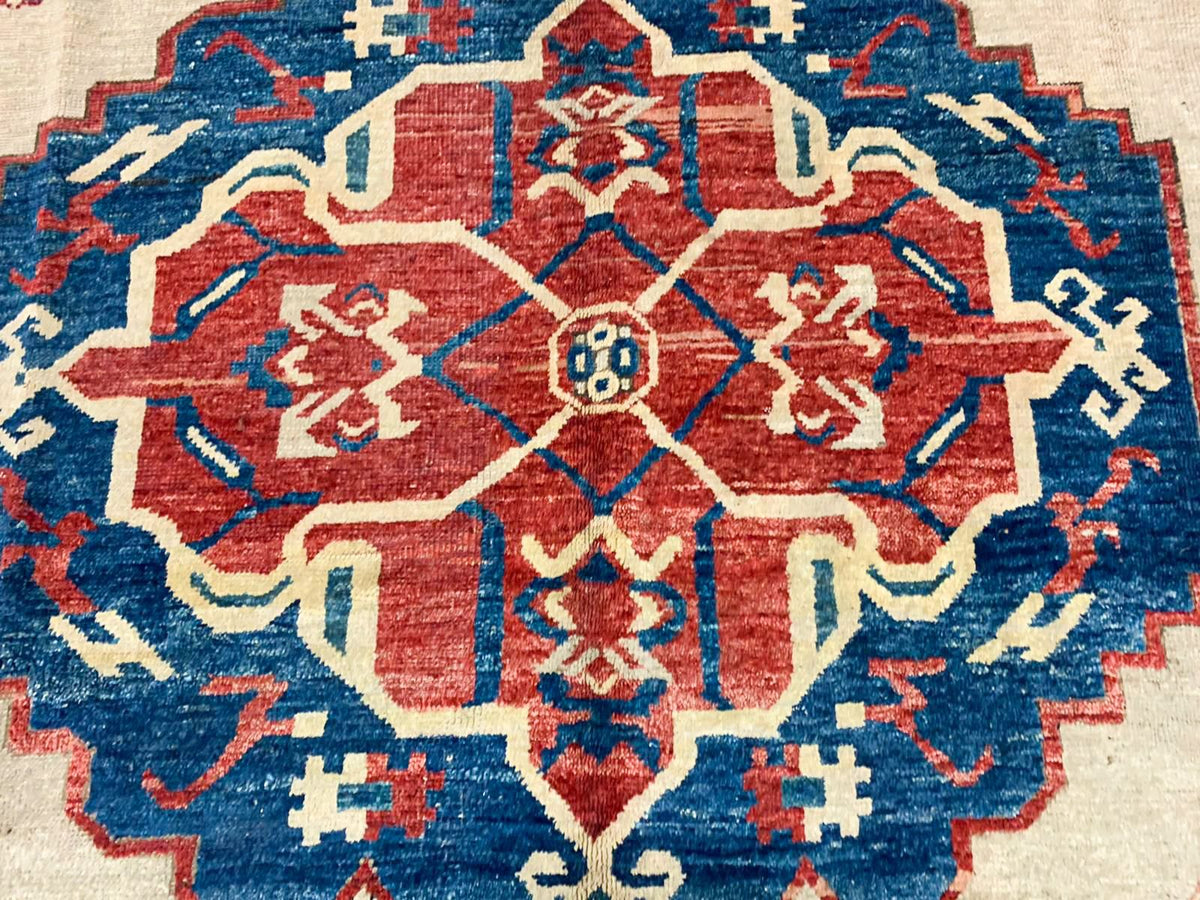 6x8 Ivory and Navy Kazak Tribal Rug