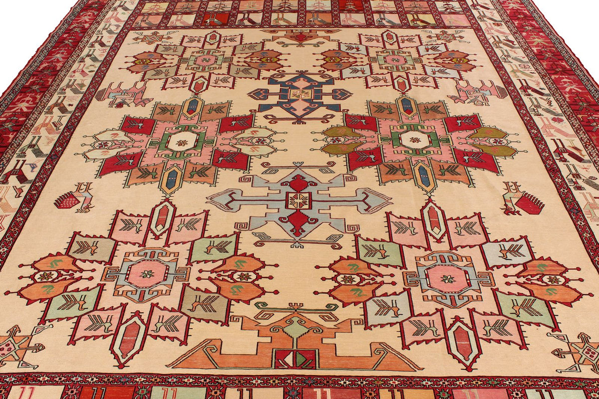 9x13 Gold and Red Turkish Tribal Rug