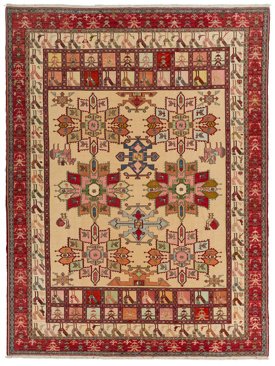 9x13 Gold and Red Turkish Tribal Rug