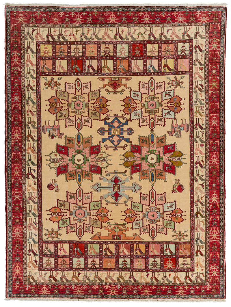 9x13 Gold and Red Turkish Tribal Rug