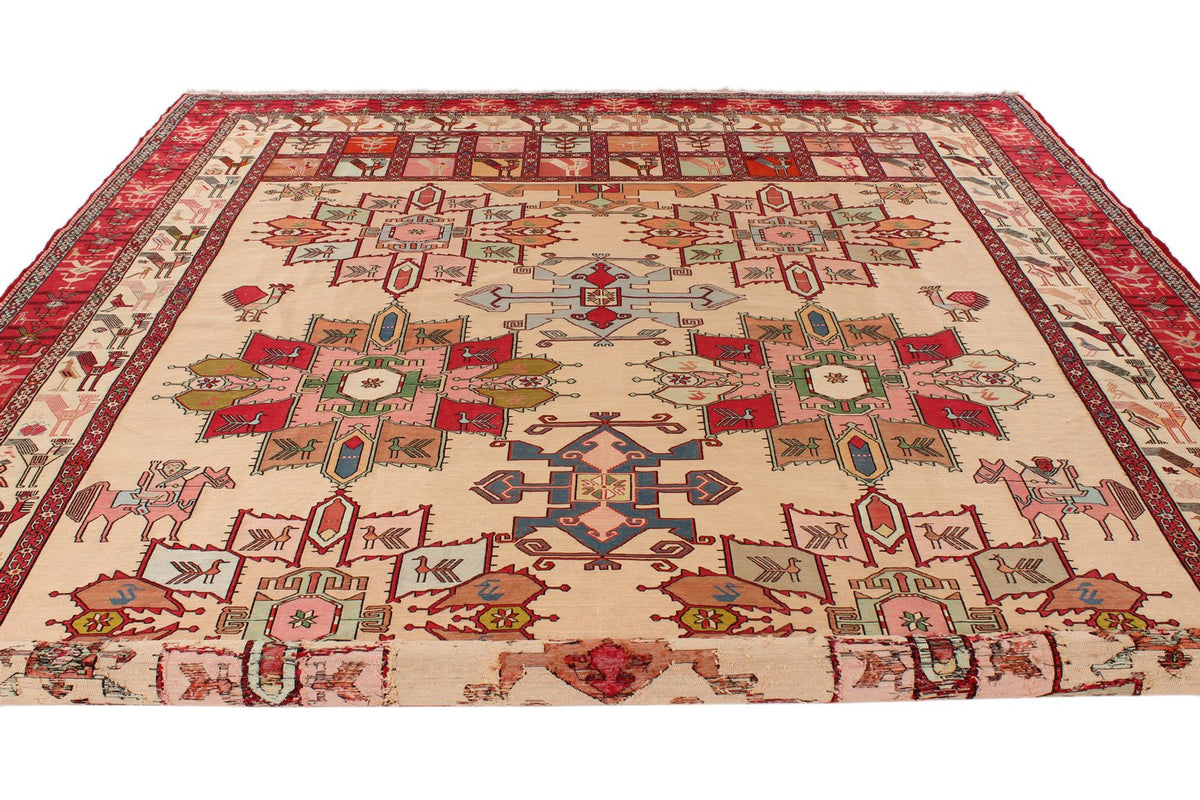 9x13 Gold and Red Turkish Tribal Rug
