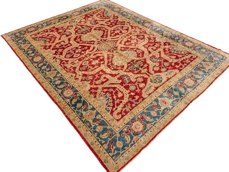 Vintage Handmade 6x8 Red and Blue Anatolian Turkish Oushak Distressed Area Rug