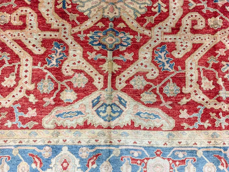 Vintage Handmade 6x8 Red and Blue Anatolian Turkish Oushak Distressed Area Rug