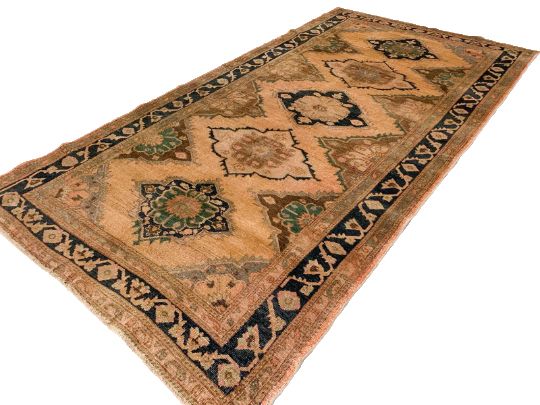 6x11 Beige and Navy Turkish Tribal Rug