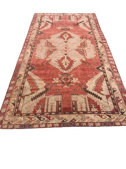 6x11 Beige and Red Turkish Tribal Rug