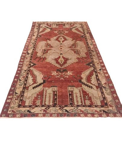 6x11 Beige and Red Turkish Tribal Rug