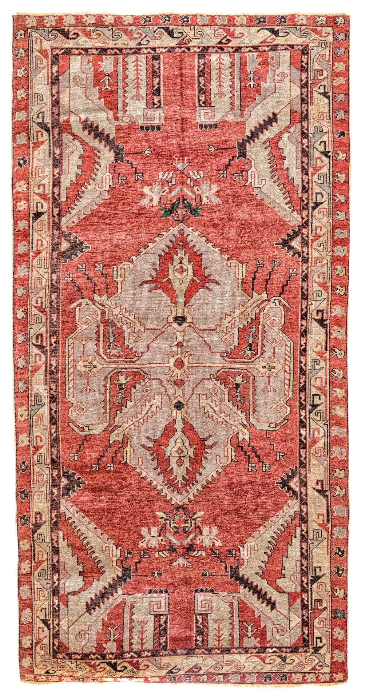 6x11 Beige and Red Turkish Tribal Rug