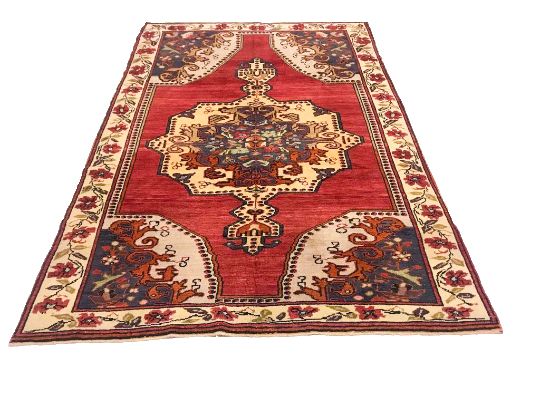 5x8 Beige and Red Turkish Tribal Rug