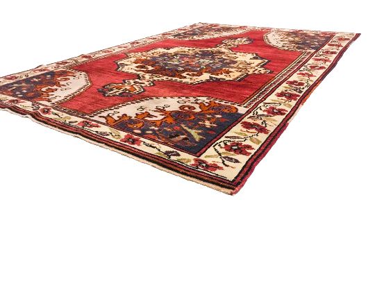 5x8 Beige and Red Turkish Tribal Rug