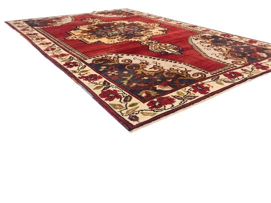 5x8 Beige and Red Turkish Tribal Rug