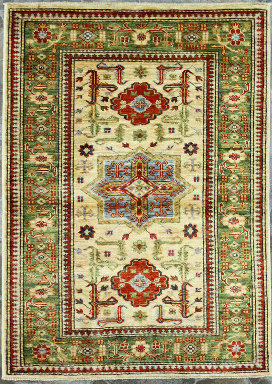 3x4 Ivory and Green Turkish Oushak Rug