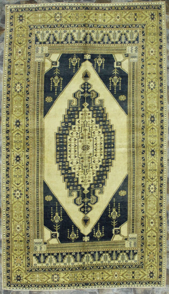 6x9 Blue and Beige Turkish Tribal Rug