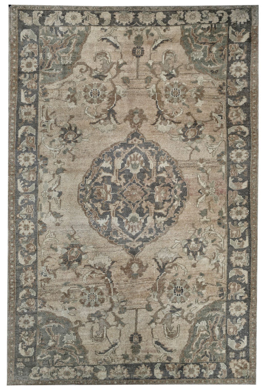 6x9 Ivory and Gray Turkish Tribal Rug
