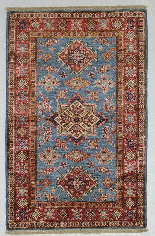 3x5 Blue and Red Kazak Tribal Rug