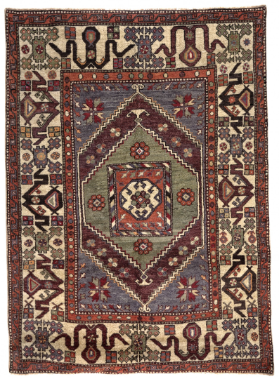 6x8 Beige and Green Turkish Tribal Rug